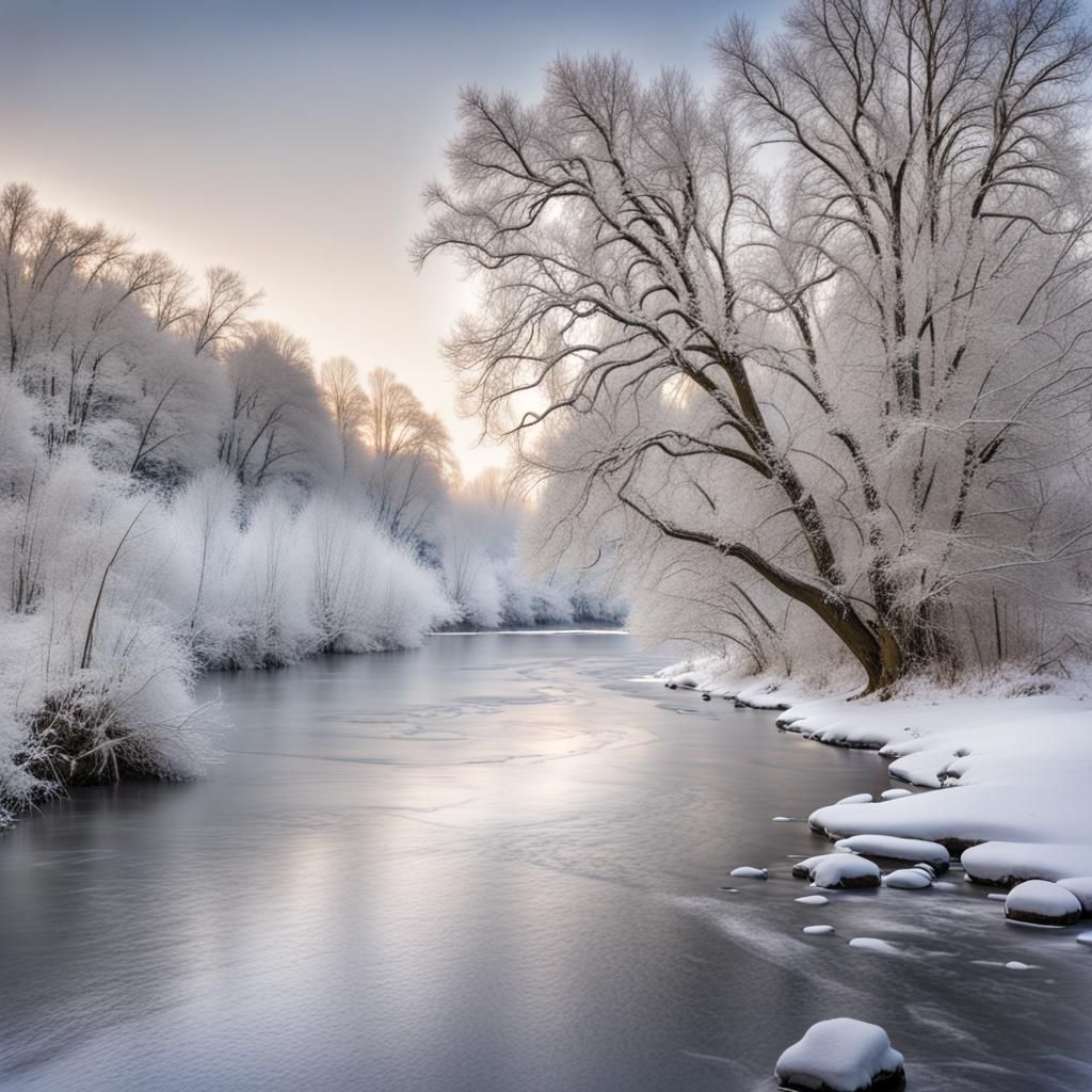 A winter riverscape with the riverbanks blanketed in pristine white