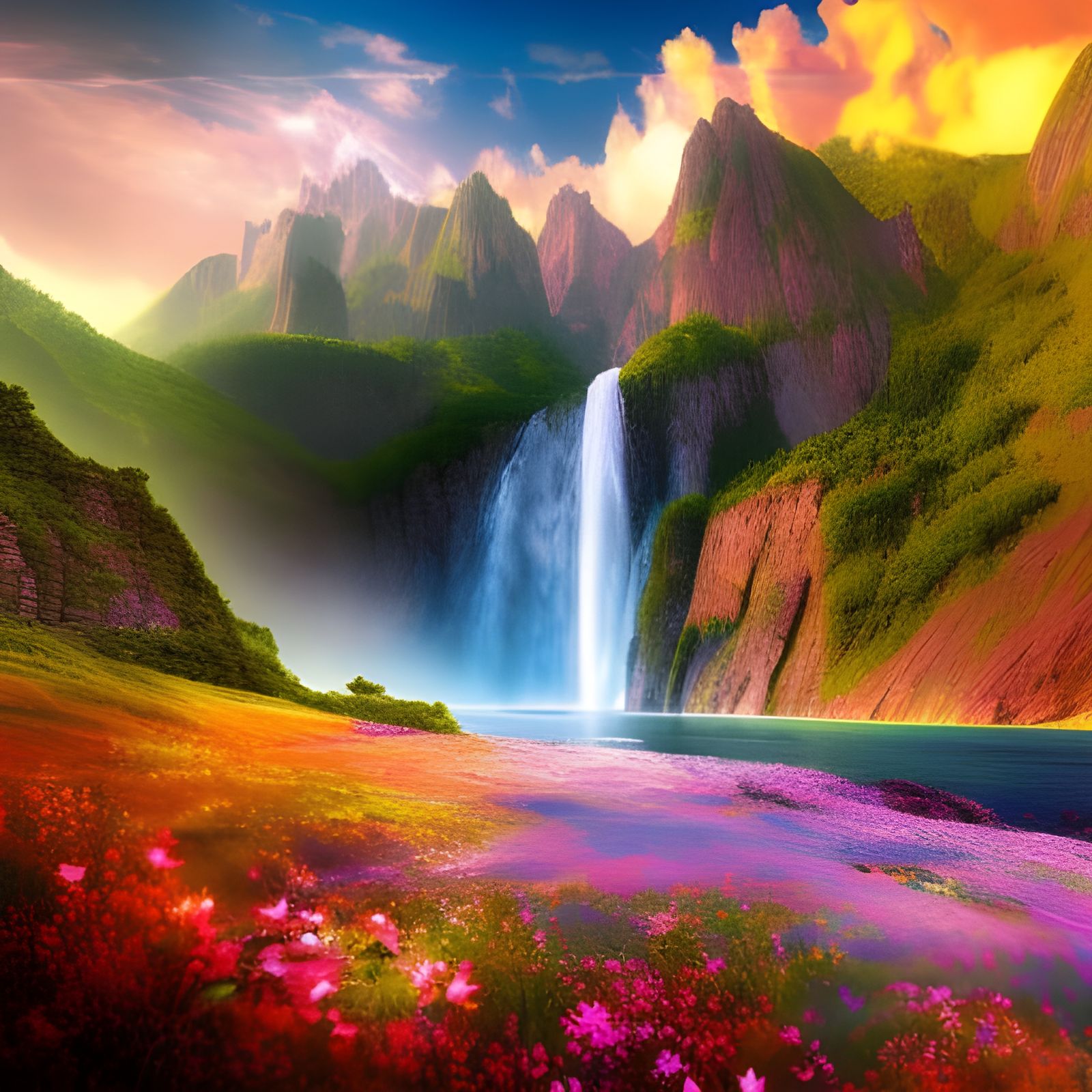 Waterfall And Mountains With Wildflowers In Bright Colors Epic