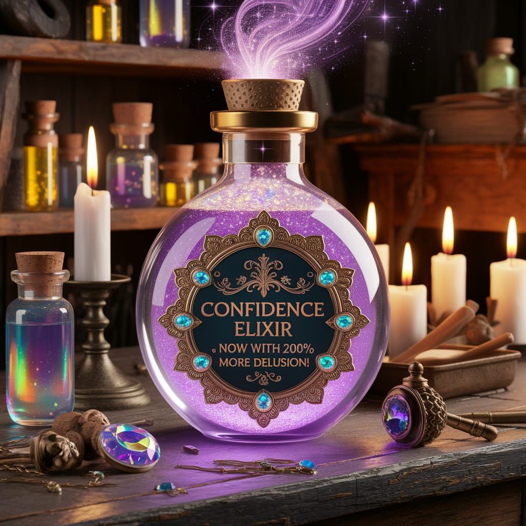 A magical potion bottle labeled "Confidence Elixir – Now with 200% more delusion!" resting on a wooden ...  by @Karina 