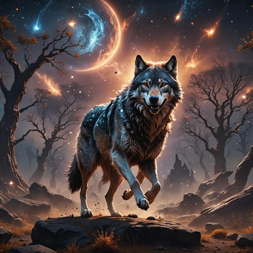 A wolf prancing in the stars