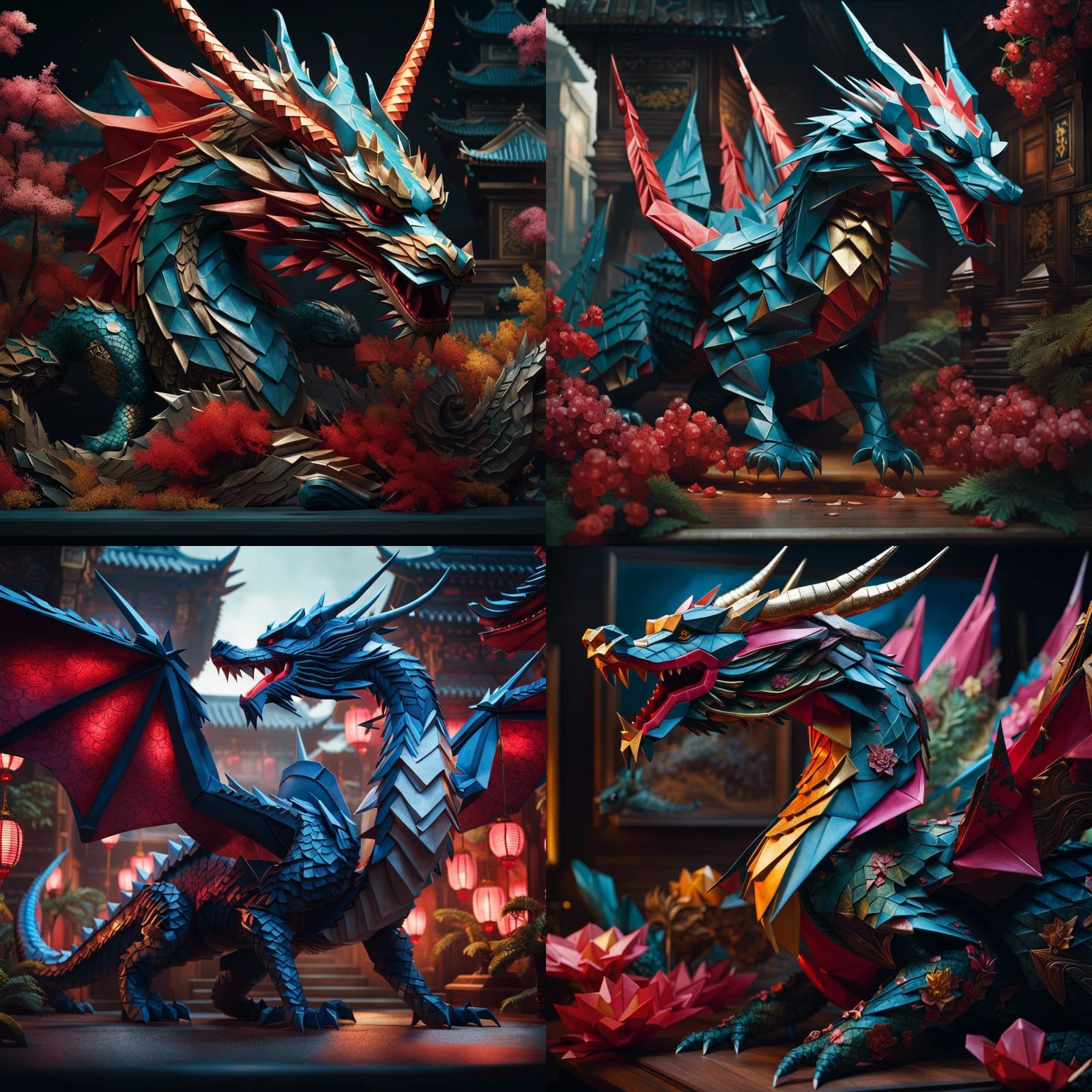 Insanely detailed photograph of An elaborate beautiful origami dragon, hyperdetailed painting by Ismail Inceoglu Huang G...