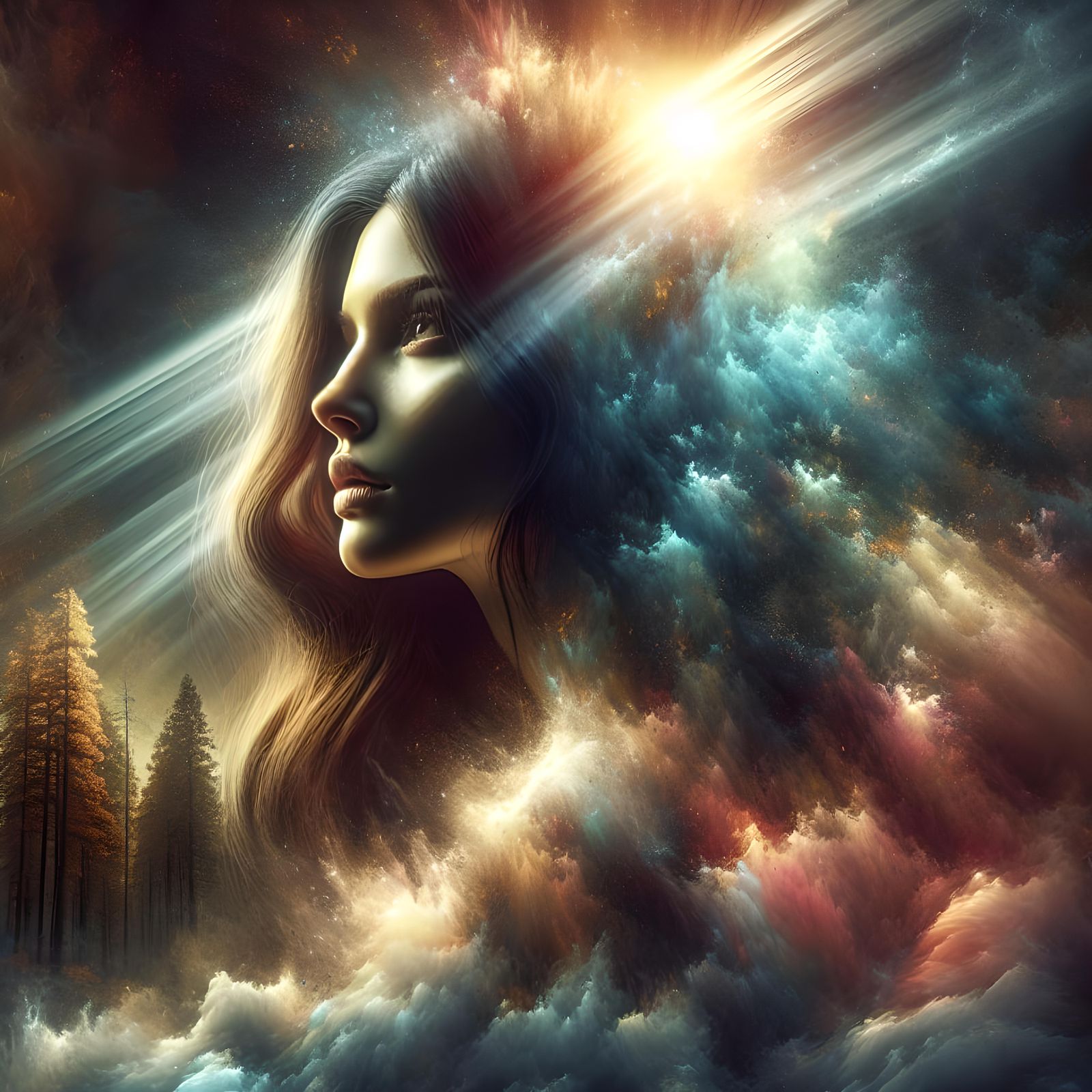 "Stormy" Looking at the side of her smiling face as the broken forest lighting lights her long brown ...  by @Bill Wallace