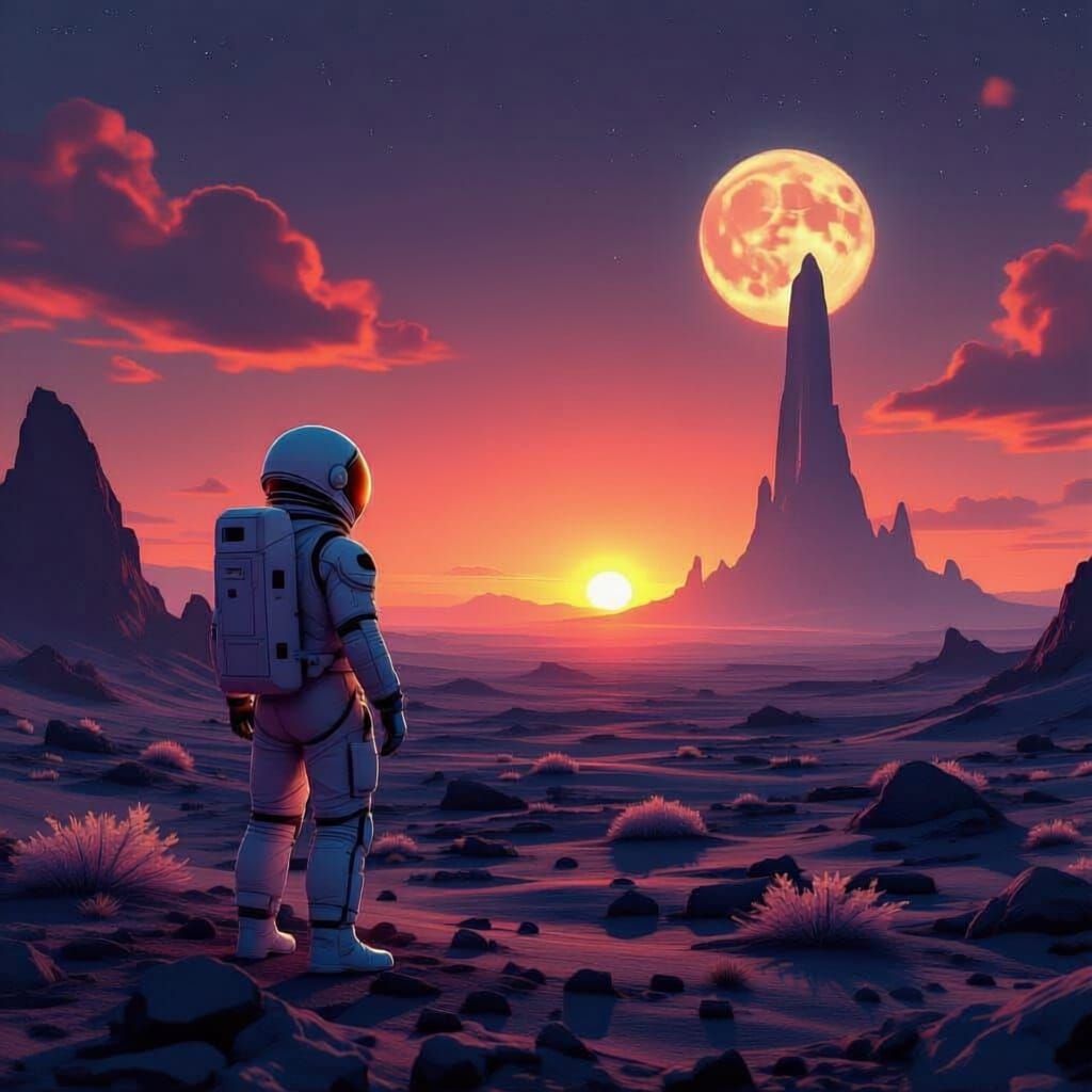 A lone astronaut standing on a desolate alien planet, gazing at a binary sunset. The landscape is dotted with strange, crystalline rock form...