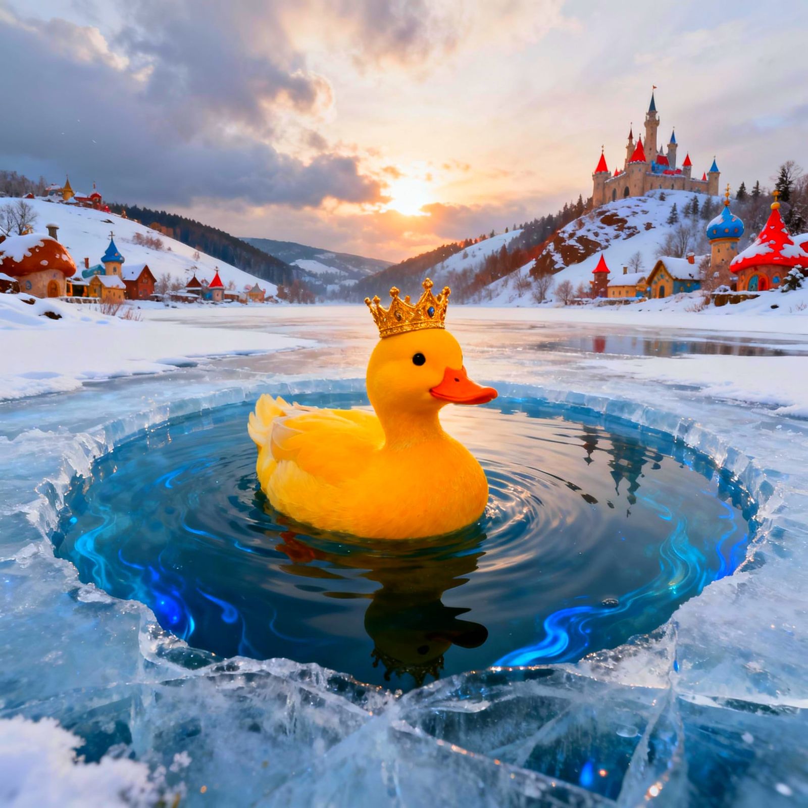 Majestic Golden Crown Duck Swims in Frozen Fantasy Lake