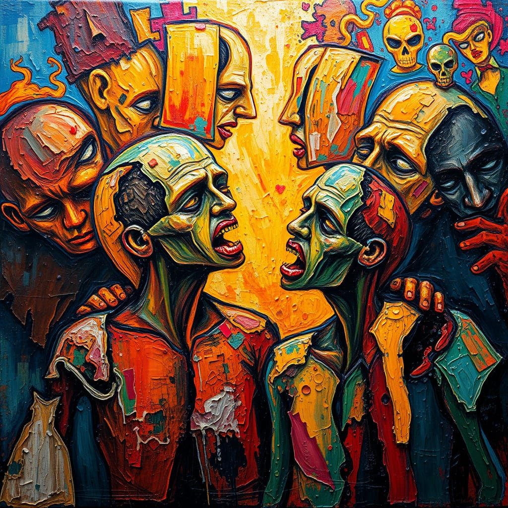 Neo-Impressionist Painting of Figures Recoiling from Harsh W...