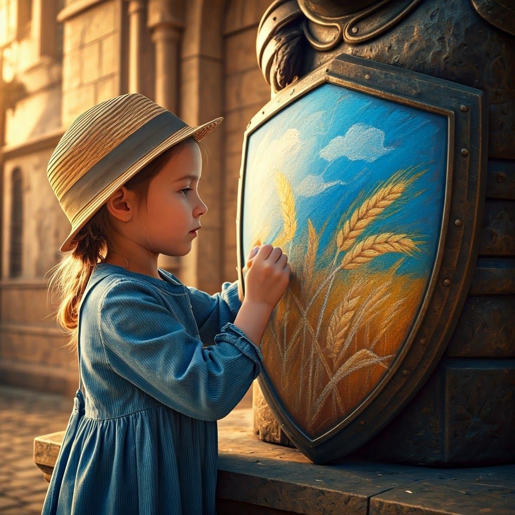 girl drawing a picture with blue sky and golden wheat on the shield of a medieval knight statue with chalk