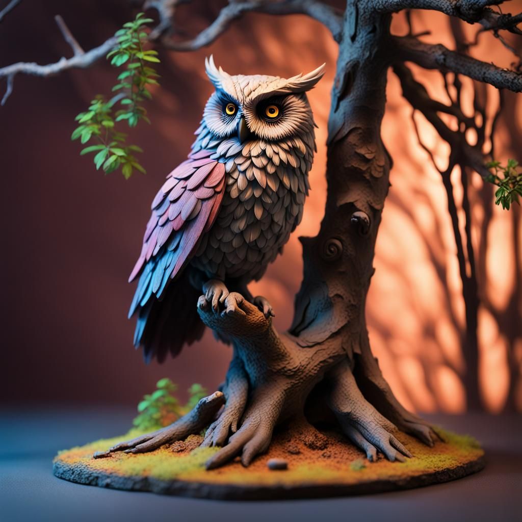 Owl in a tree by Alex Maleev, diorama, colorful, intricate a...