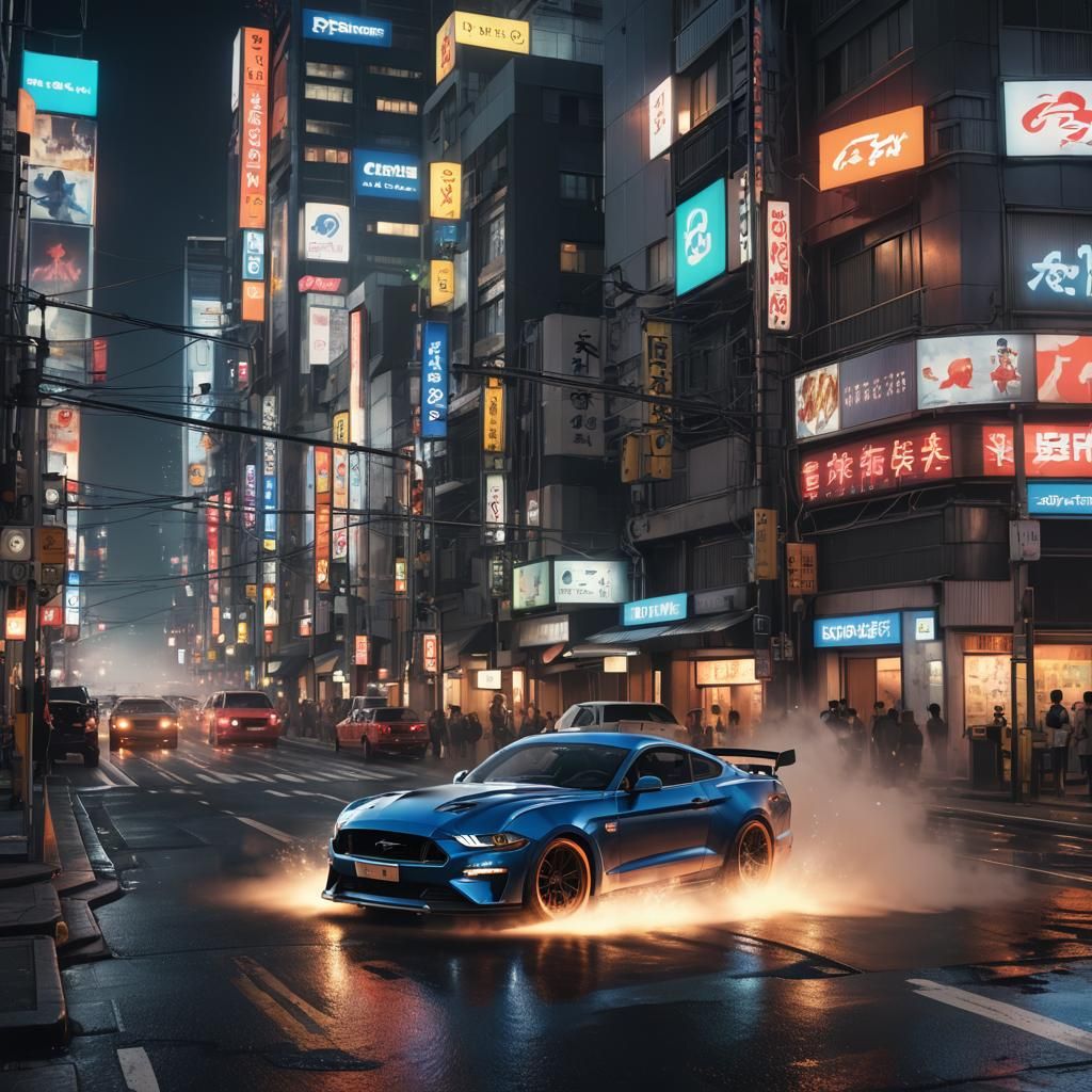 8k new mustang car detailed drifting in Tokyo city, night gl...