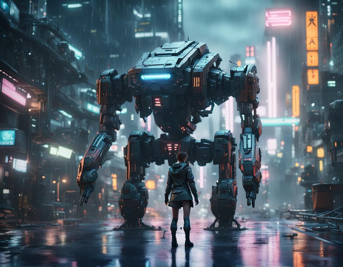 Medium shot of a female sci-fi protagonist in a cyberpunk ci...