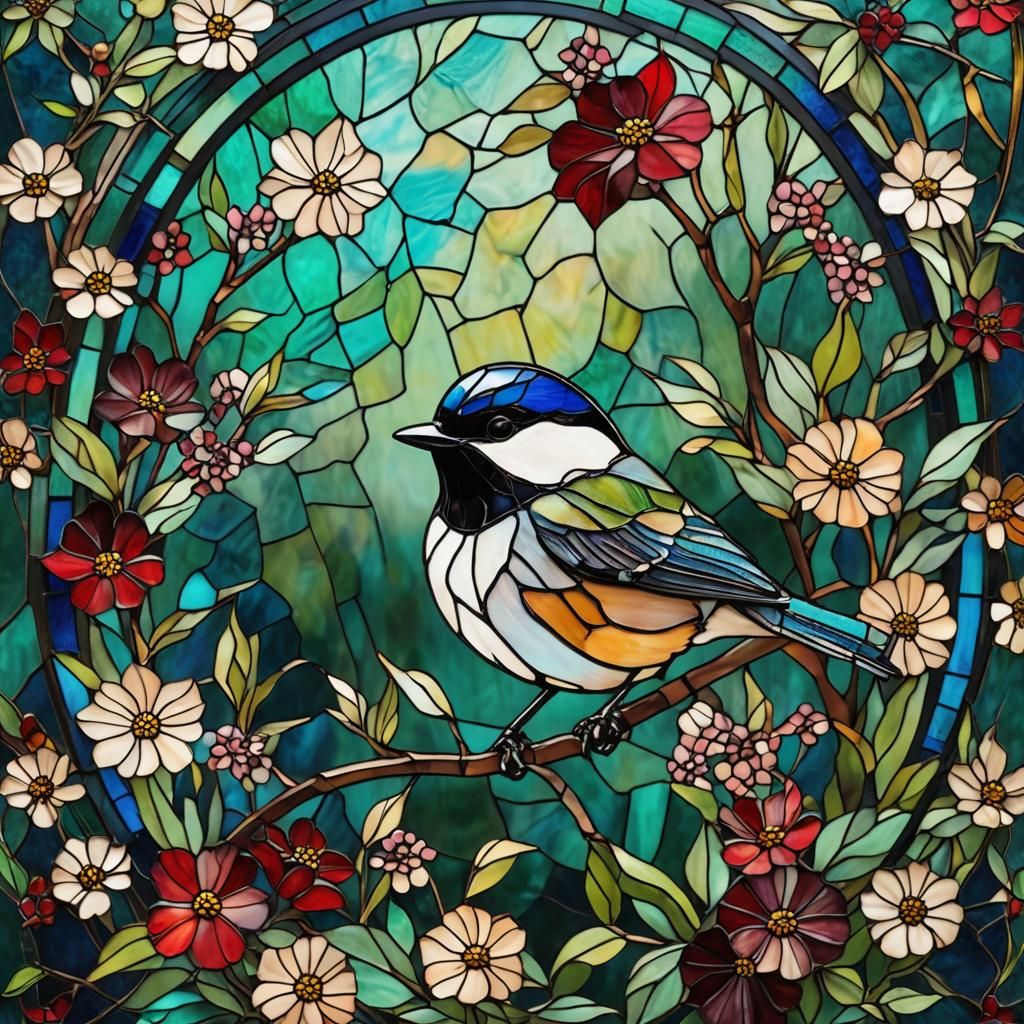 Stained glass chickadee and flowers.