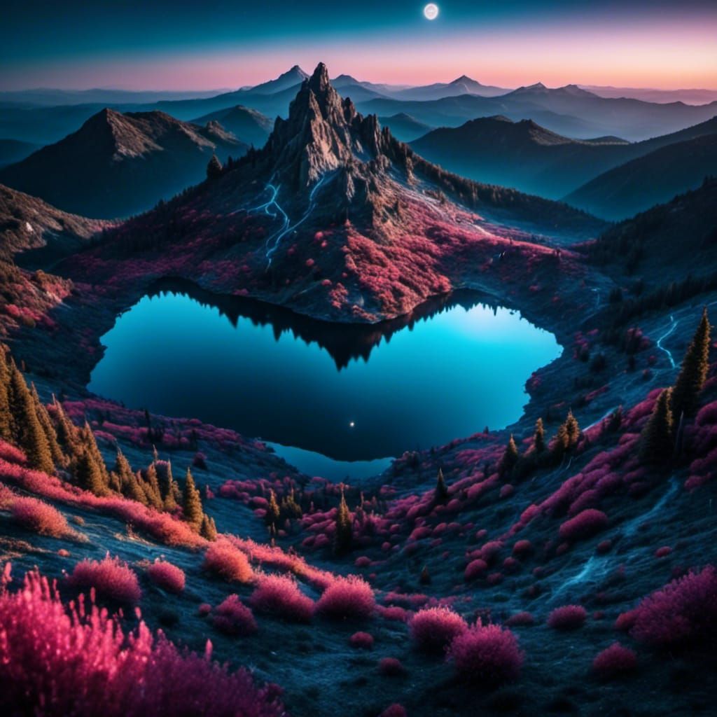 <lora:Night Sparkle:1.0> A mountain lake ringed with trees, ...