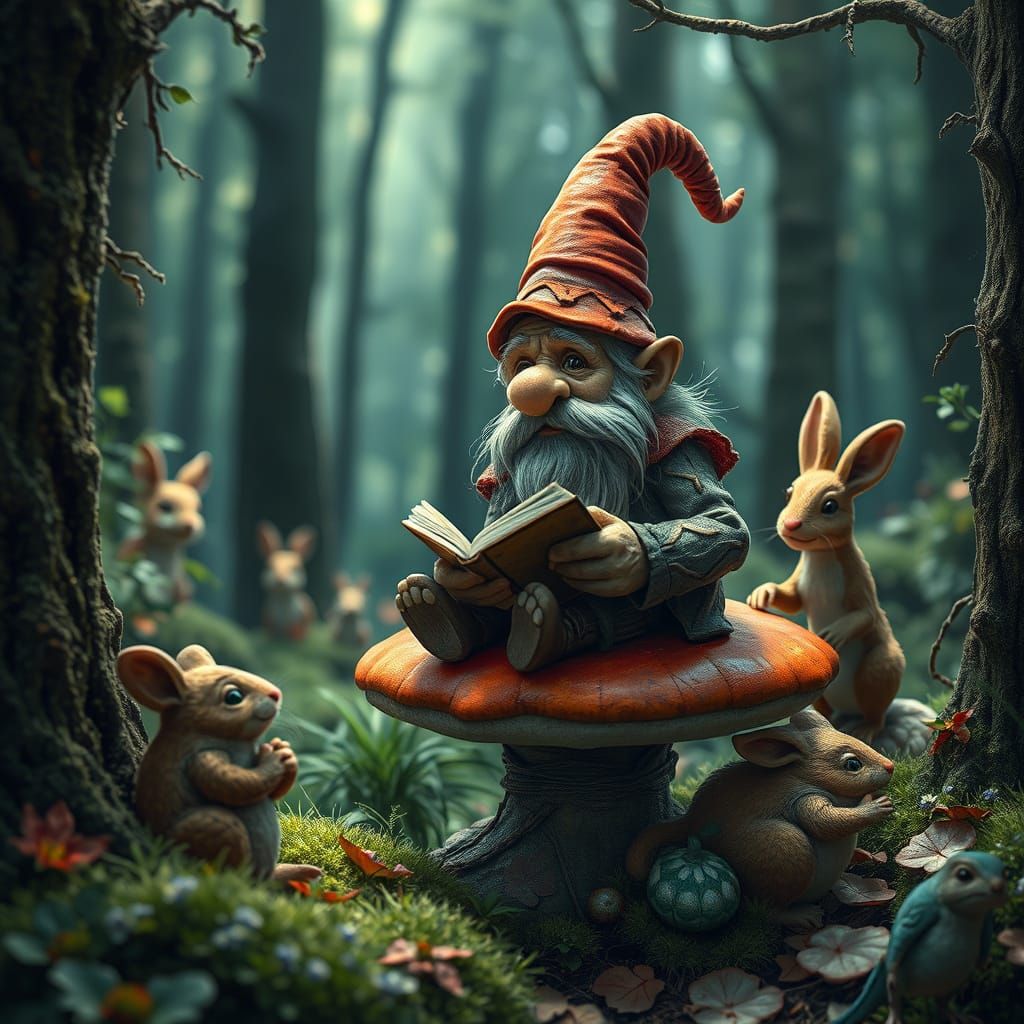 A wise old gnome sits on a mushroom