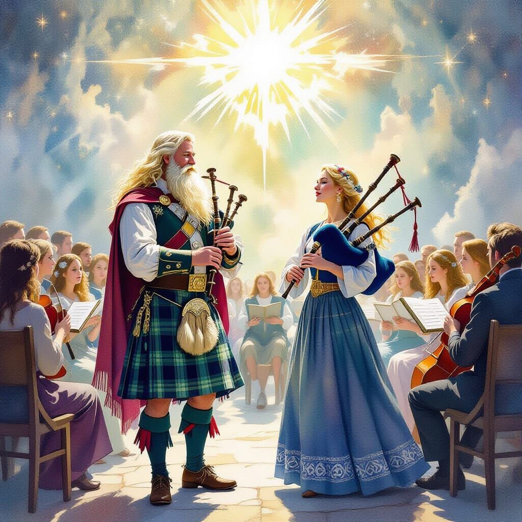 Father in heaven  Gid with blonde scoltand  woman pipebags angel 