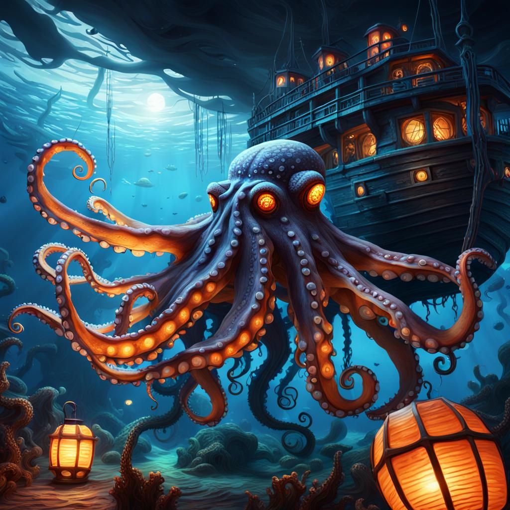 Octopus Over Sunken Ship: Deep Fantasy Concept Art