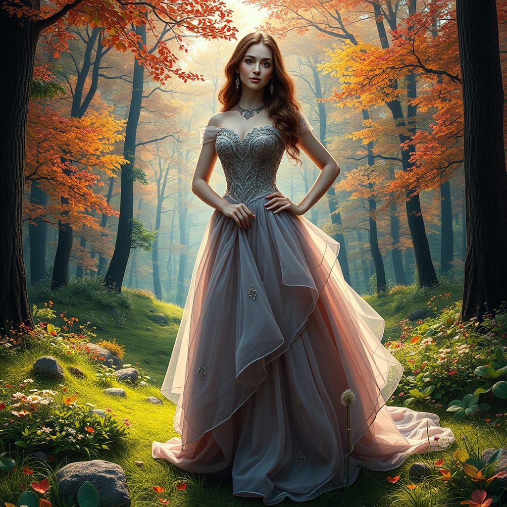 Woman in Elegant Dress in Vibrant Forest