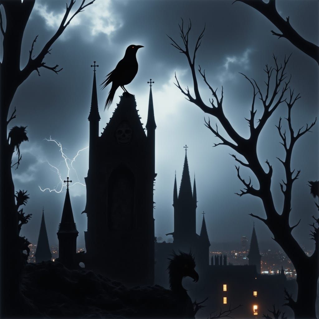 <lora:RBW:1.0> A solitary raven perched atop a crumbling gothic cathedral spire, silhouetted against a stormy, twilight sky. Rain streaks do...