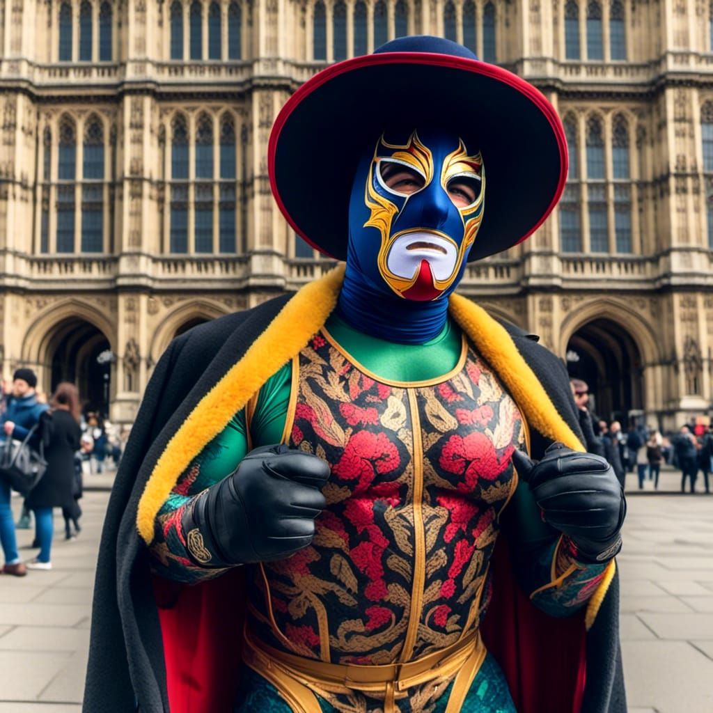 Sherlock Holmes dressed as ((<lora:Luchador:1.0>)) in front of big ben