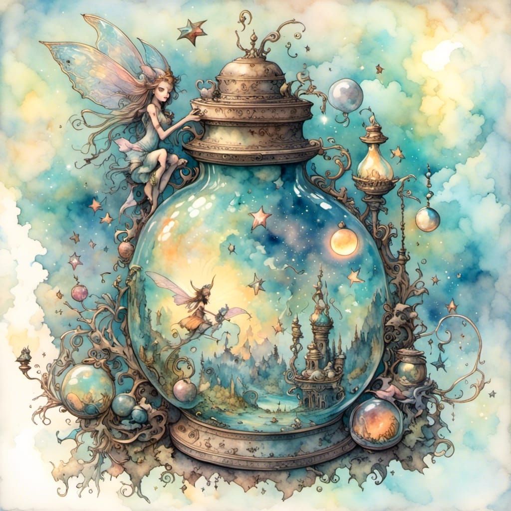 <lora:Blue Moon:1.0> Insanely detailed gorgeous fairy potion bottle with magical glowing liquid inside and a fairy moon surrounded by fairy...