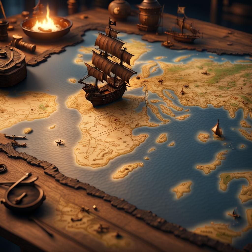 3d pirate map of world open on wooden table   by @Morning Dawn