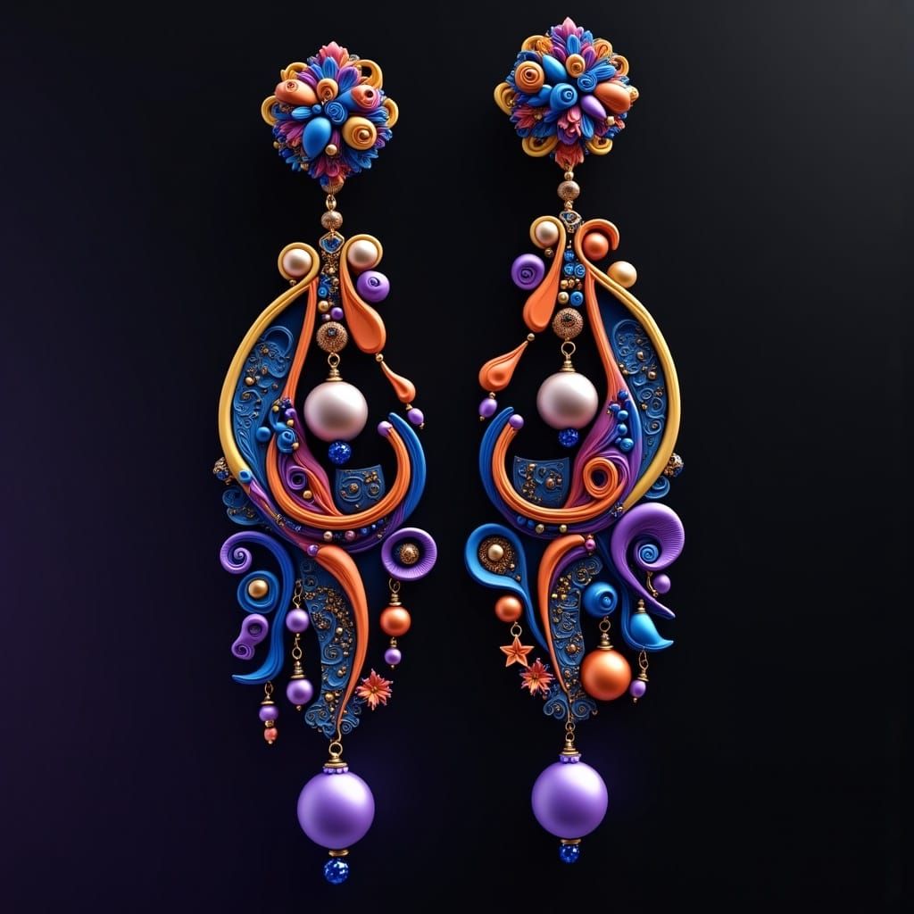 <lora:Making Jewelry:1.0> Intricately crafted polymer clay earrings adorned with vibrant, bright colored beads, luminous pearls, and sparkli...