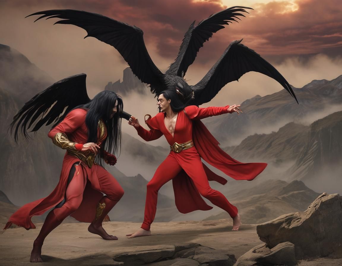 The human  wrestles with the red alien. 