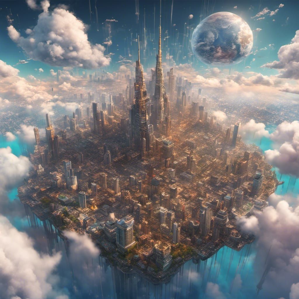 A magnificent colorful amazing city floating on the clouds showing a bustling city very high floating ...  by @Fredericco