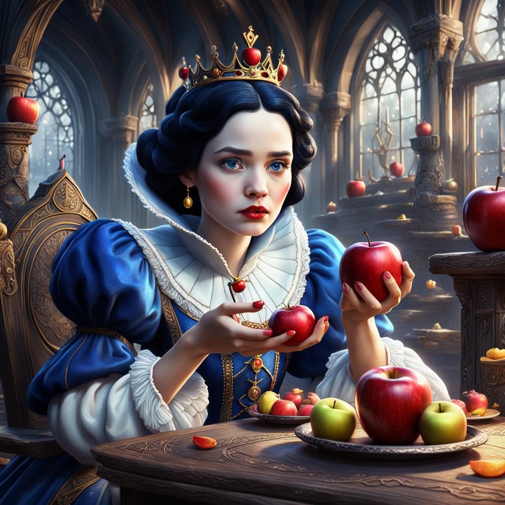 Snow White eats a poisoned apple. Queen looks on in picture....