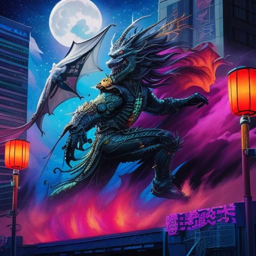 Flying Chinese Dragon in Neon Graffiti Art