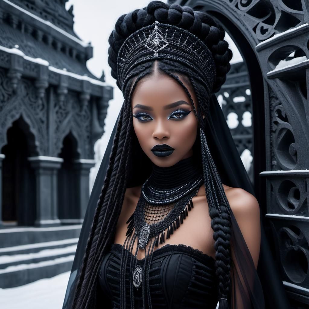 Black princess with very long dark braids, ice eyes, black lips, black kokoshnik and very long veil,sitting on wall of a parametric architec...