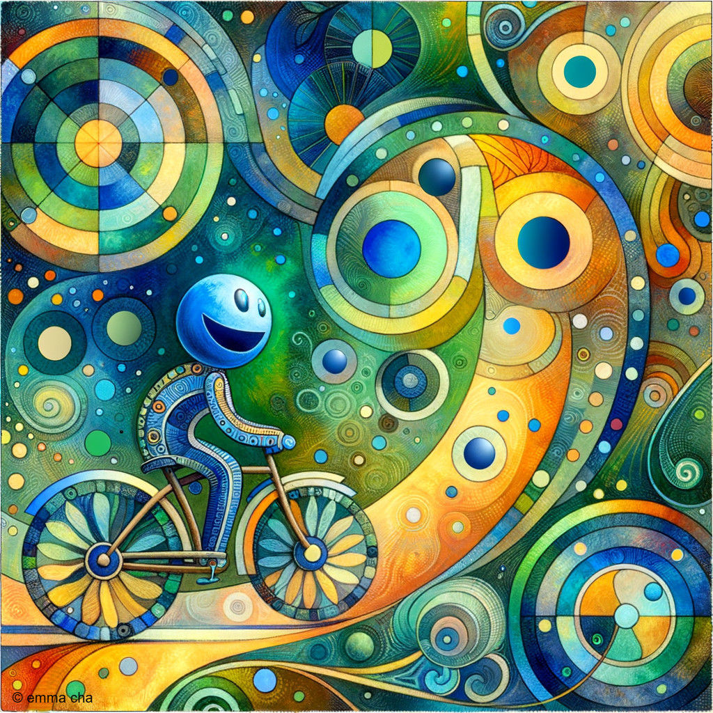 Joyful Cyclist in Psychedelic Waves