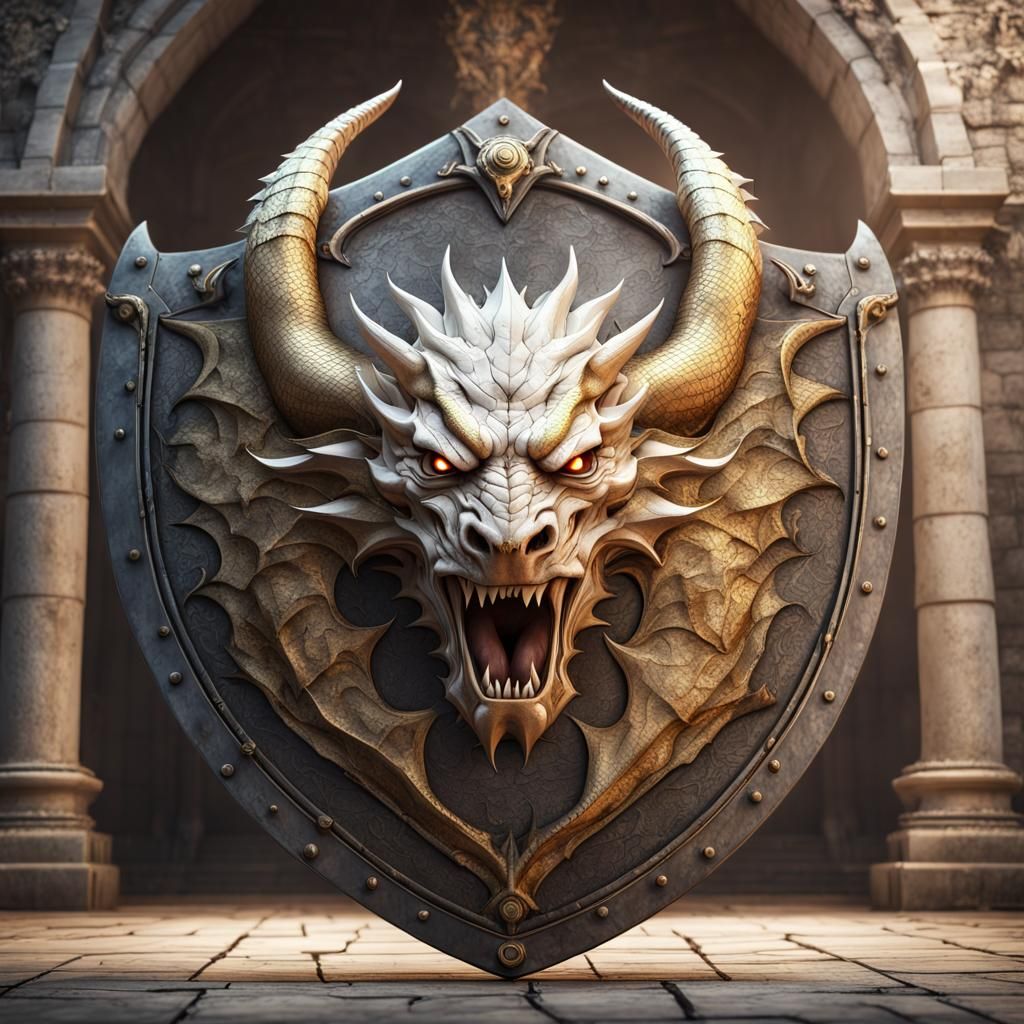 A large medieval shield made of iron and gold, displaying dragon's fierce face.  by @JC-digiart