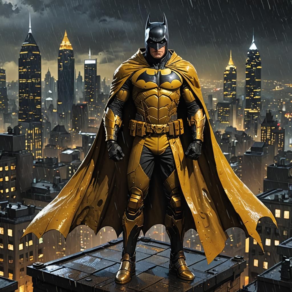 batman in the rain standing on a rooftop overlooking a city,...