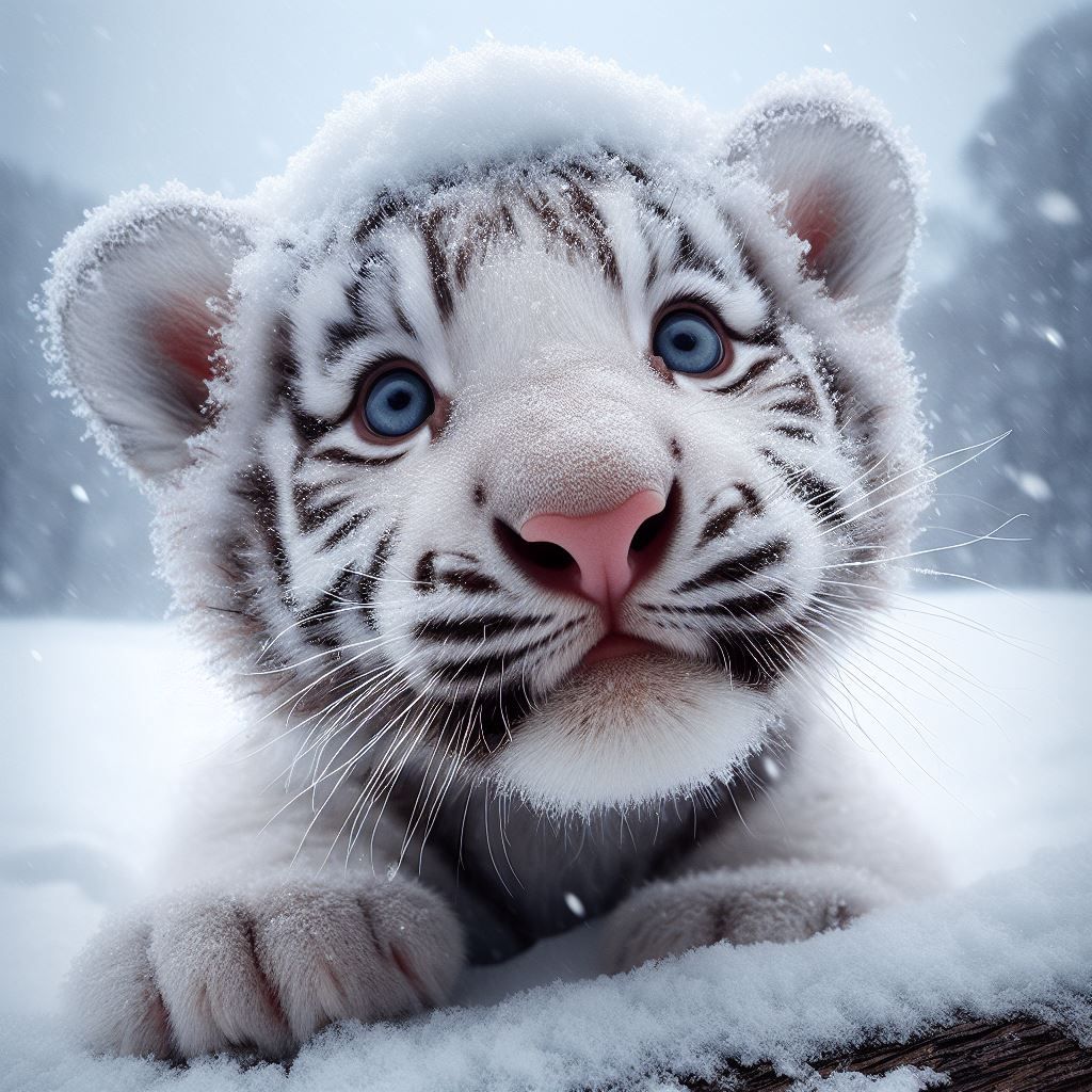 Curious white tiger cub in the snow