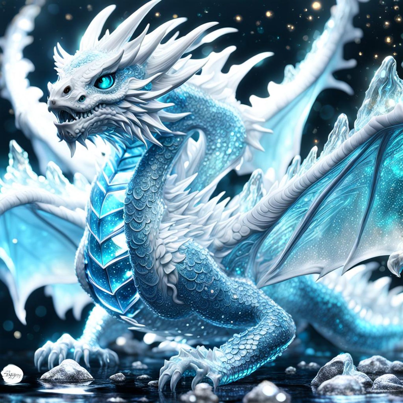 an epic bioluminiscent baby white dragon made of crystal glass ...