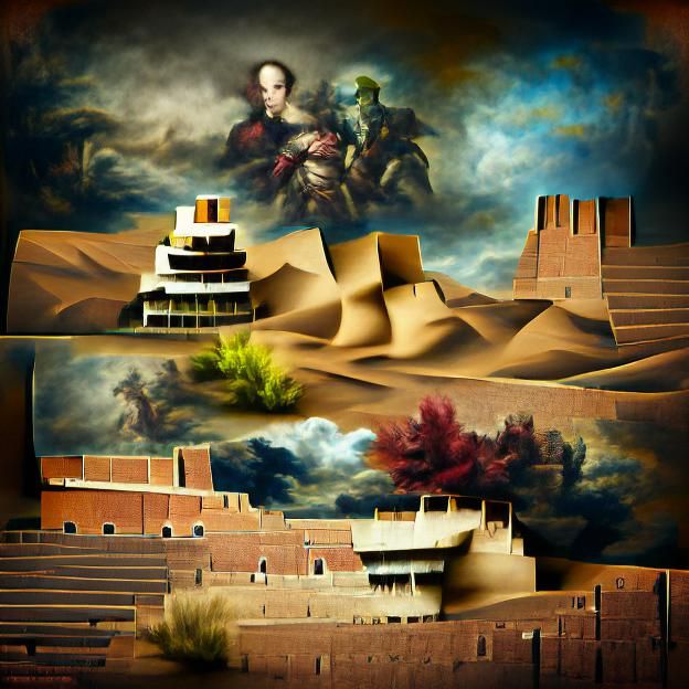 Ziggurat and desert renaissance painting matte background