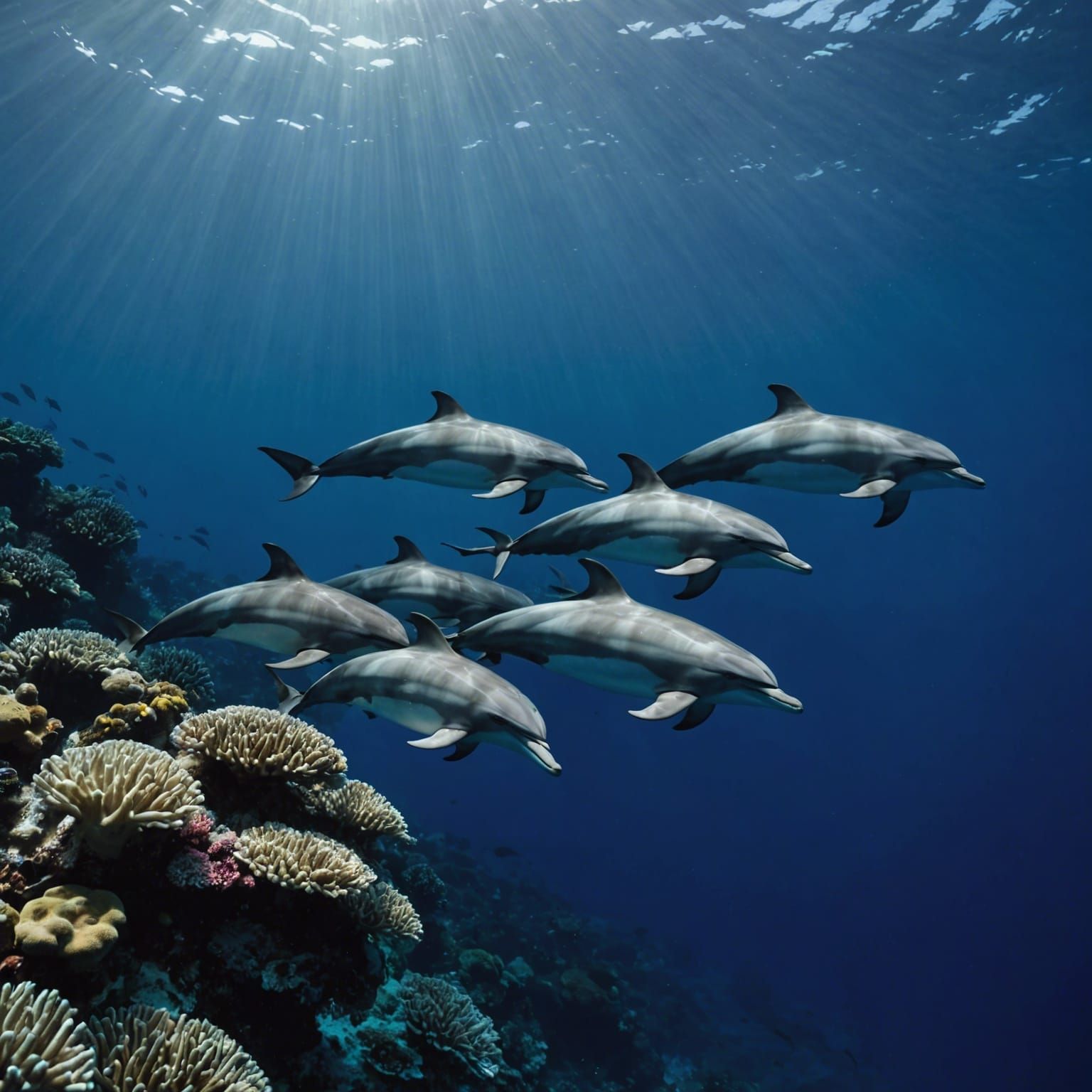 A pod of dolphins authentic swimming in the deep dark clear ...