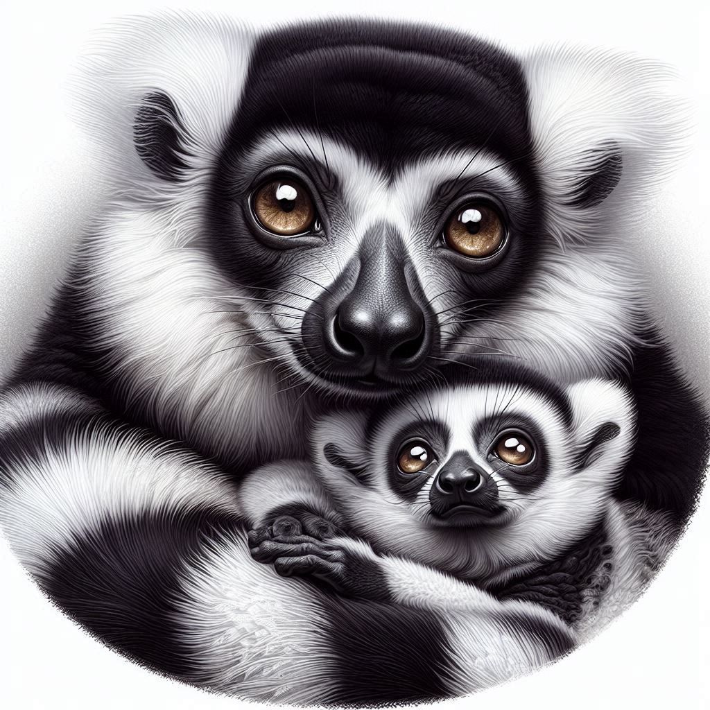 Darling Black and White Ruffed Lemur Mother and Baby