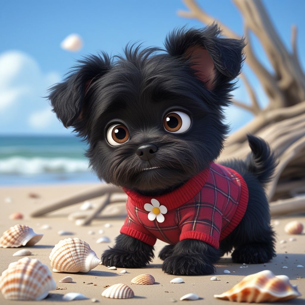 Cherry, A cute black Yorkie Poo puppy with black fluffy fur, big brown eyes, wearing a red plaid sweater with a flower-s...