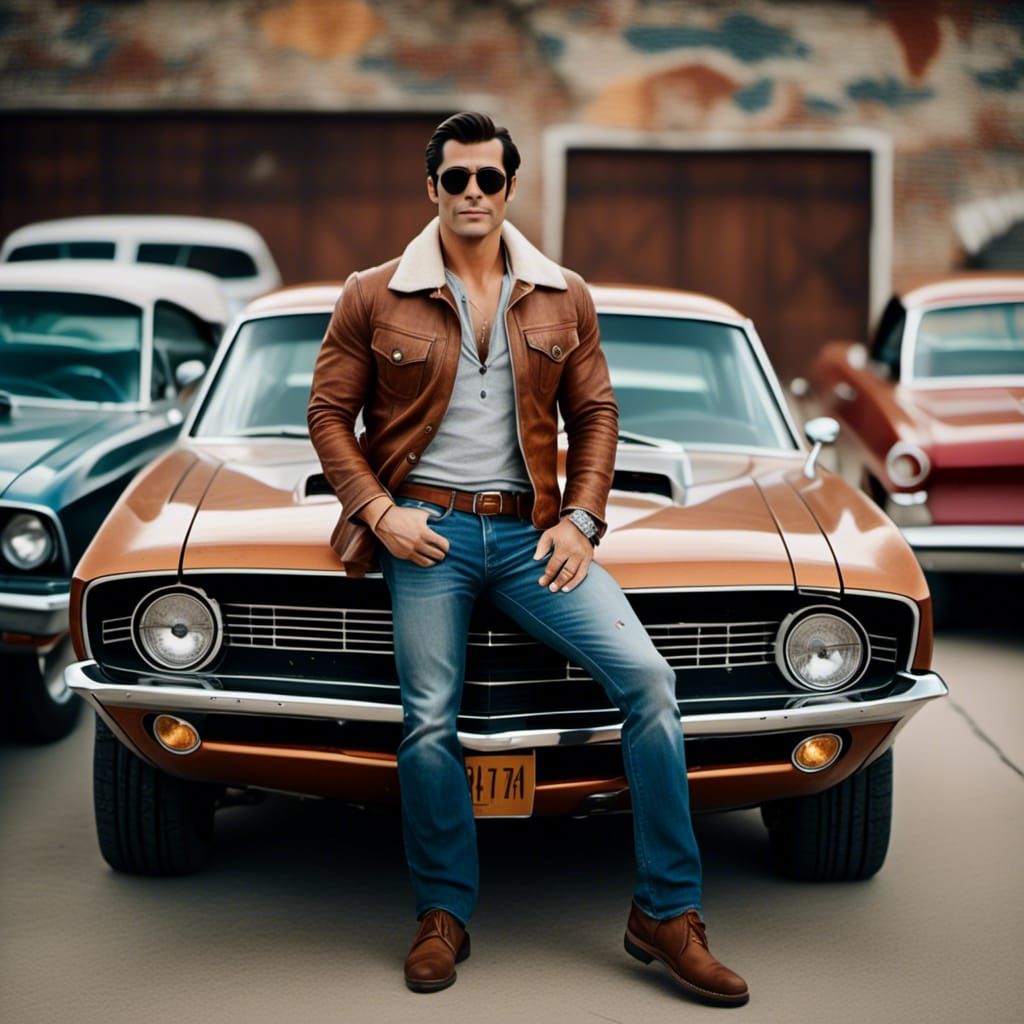  <lora:Surreal Realism:1.0> A figure in bell-bottom jeans and aviator sunglasses, leaning against a vintage muscle car