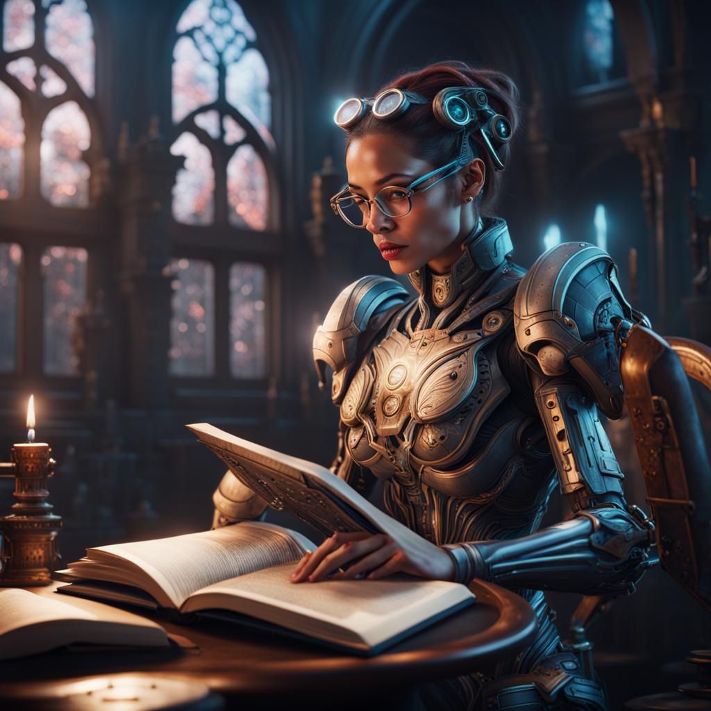 cyborg woman with glasses reading a magical book