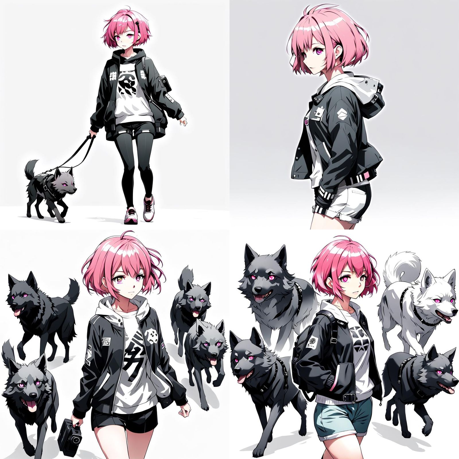 woman walking, short wolf cut pink hair, black and white sty...