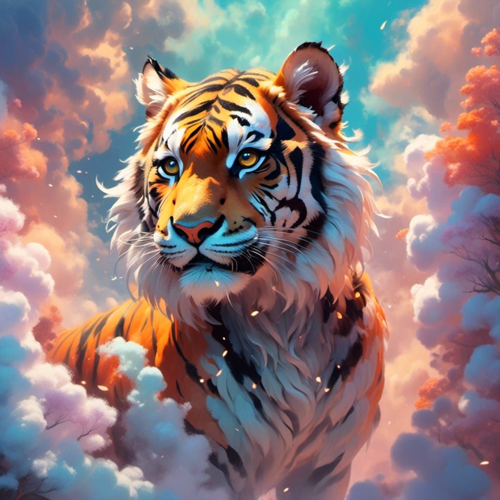 super cute tiger spirit with very exaggerated features in a ethereal wonderland dramatic lighting dramatic camera 8k resolution beautiful ar...