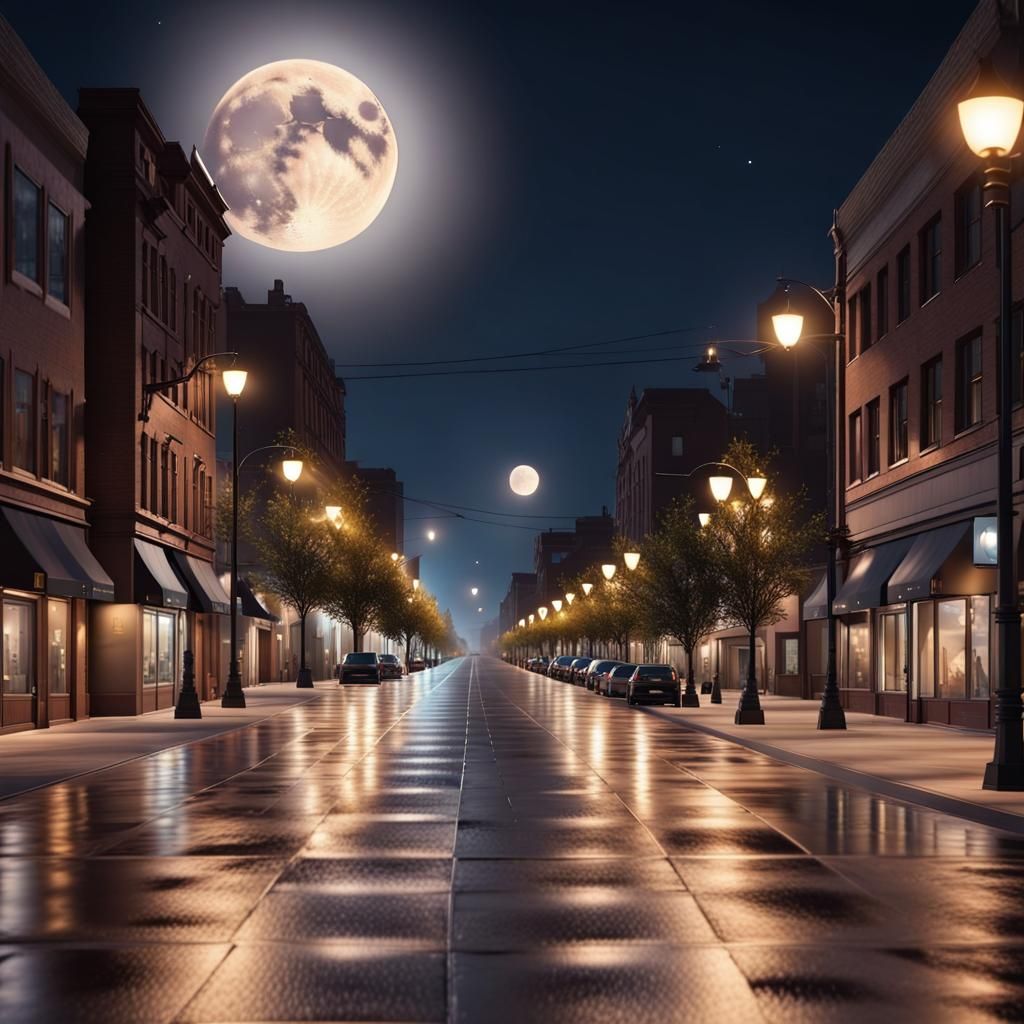 8k realistic night photograph, city street lined with businesses, cars ...