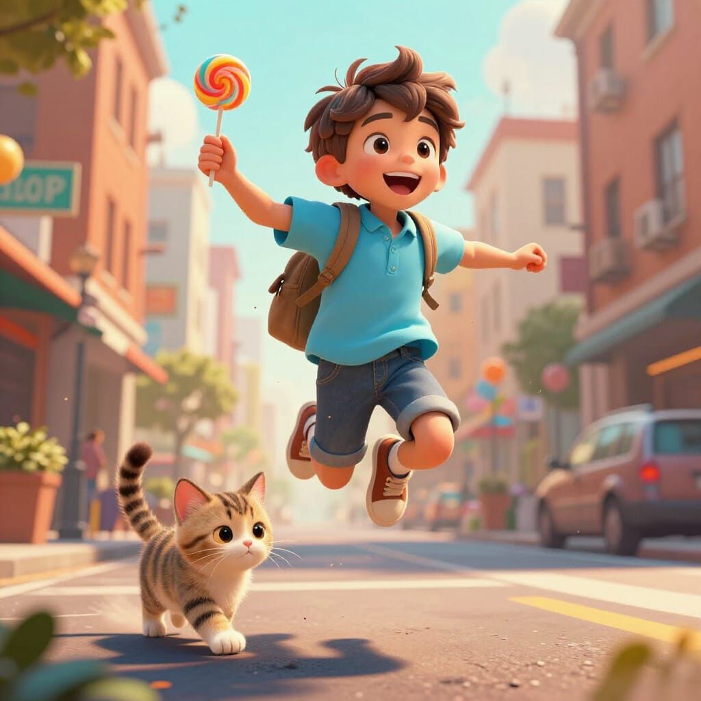 Joyful Boy with Kitten and Lollipop in City Streets