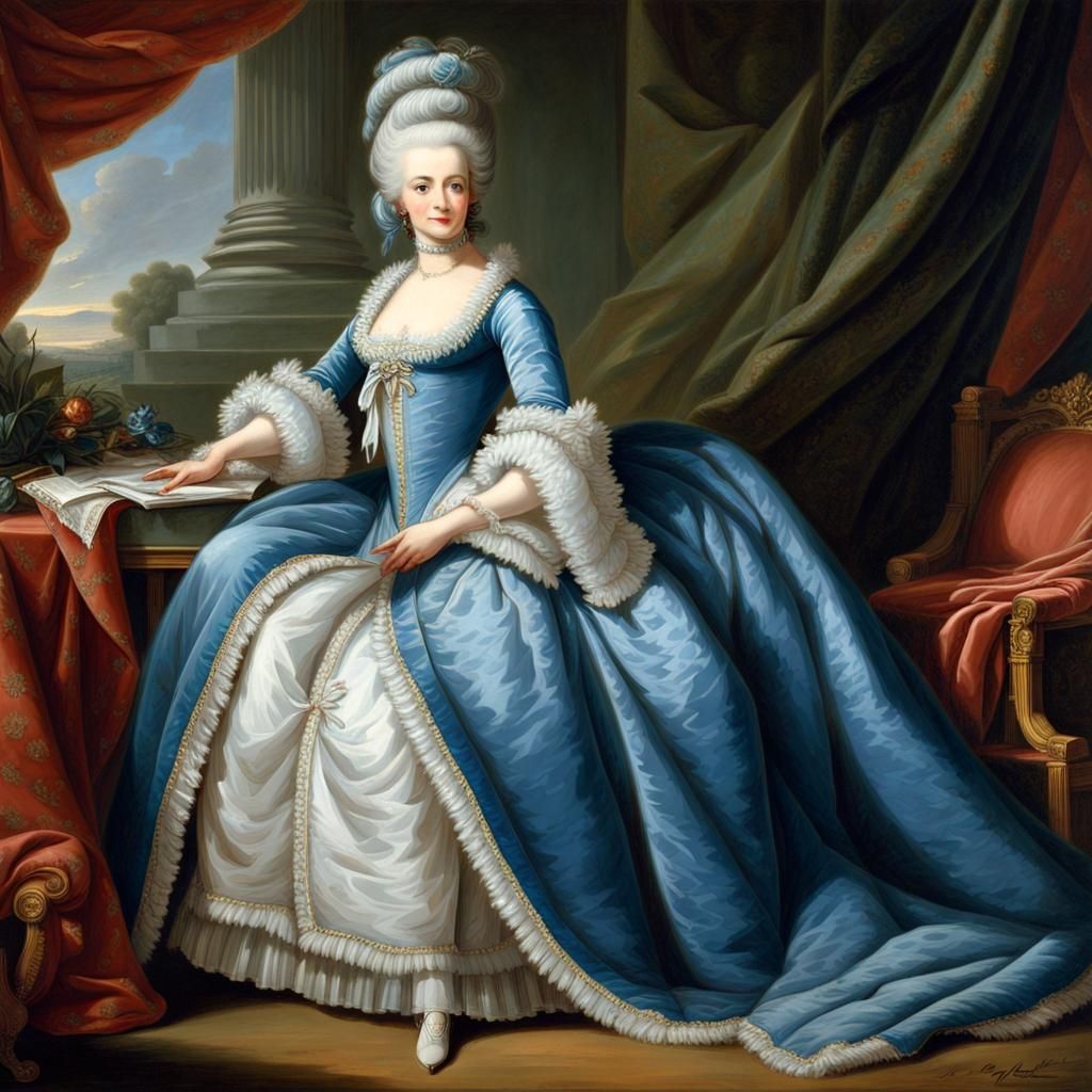 Marie Antoinette Queen of France in a corset gown of a light manteau of  blue velvet with a fur trim along the edge over a skirt in white sa - AI  Generated