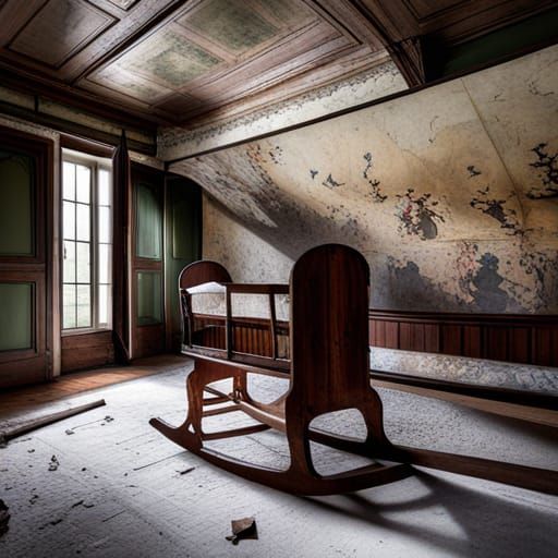 old victorian nursery bedroom, abandoned, wallpaper ripped o...