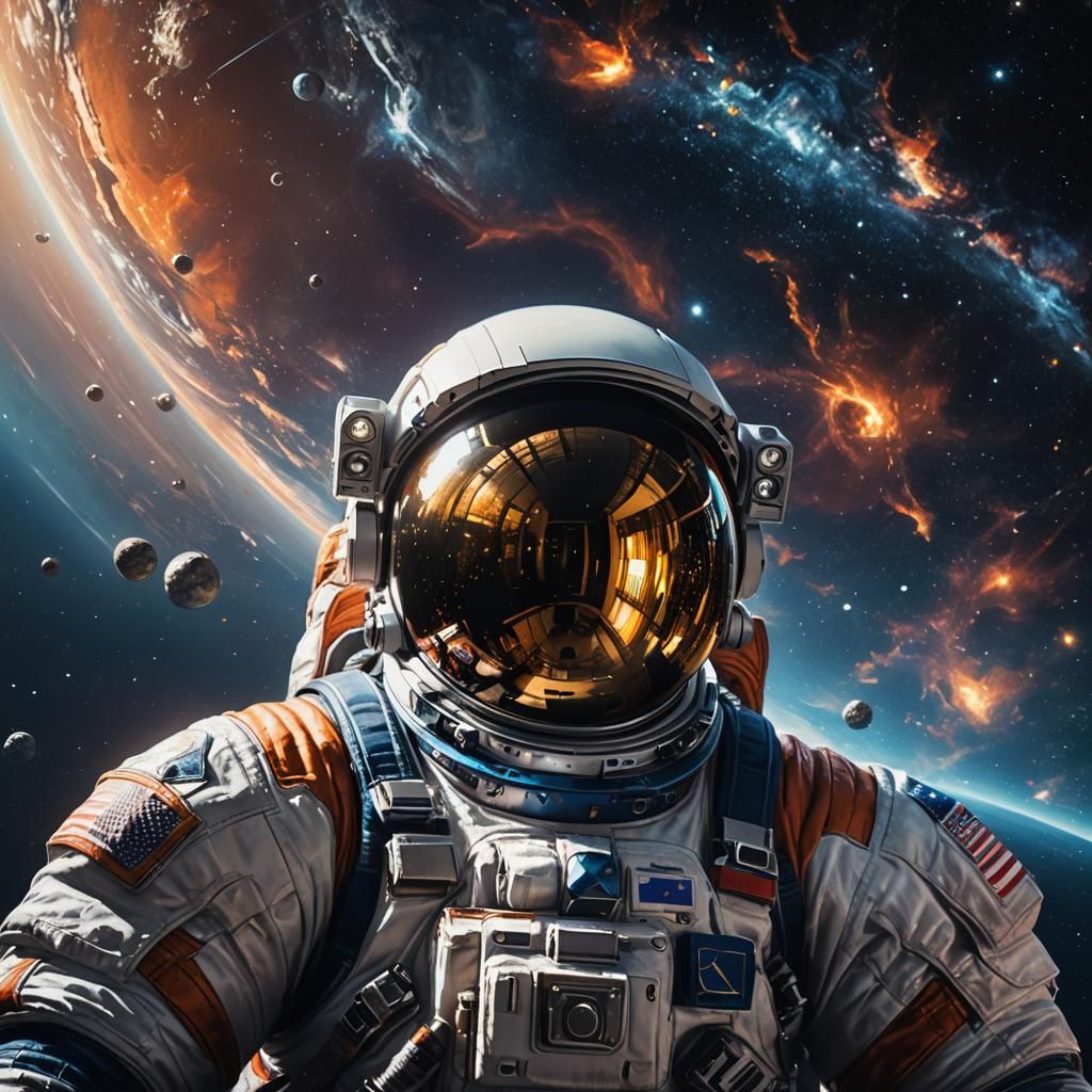 photorealistic astronaut in interstellar space with detailed reflection of Earth in helmet visor  by @Taoxas