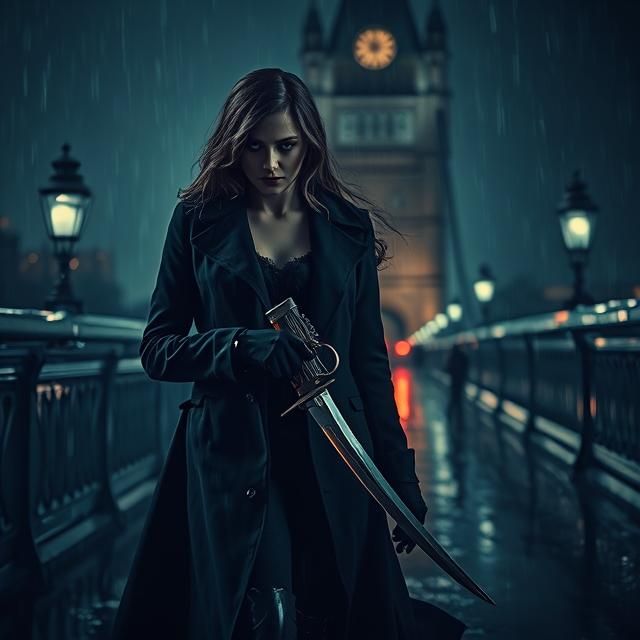 VICTORIAN ERA FEMALE ASSASSIN WALKING ON LONDON BRIDGE HOLDI...