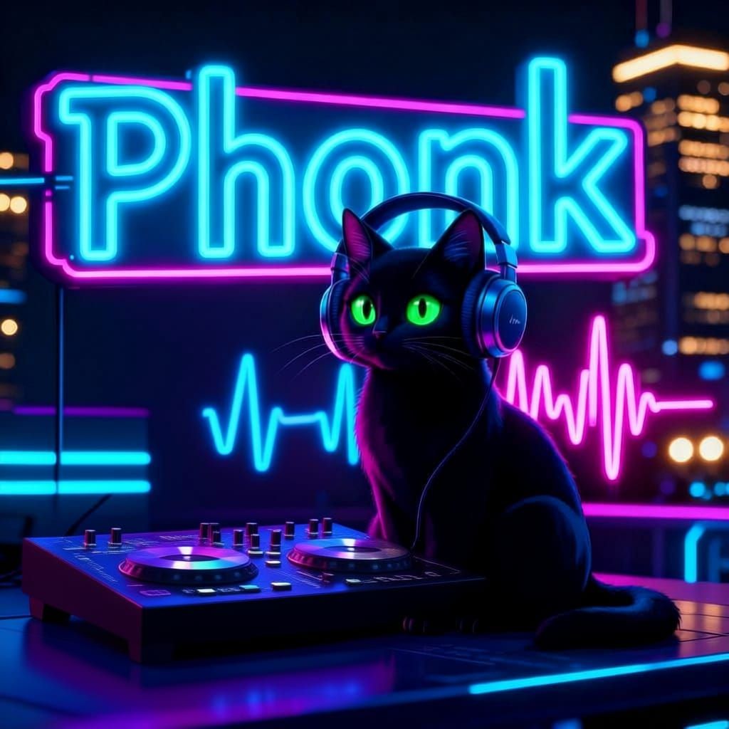 keep the same cat in the picture that has two phonk signs, but make the background the same as the other picture