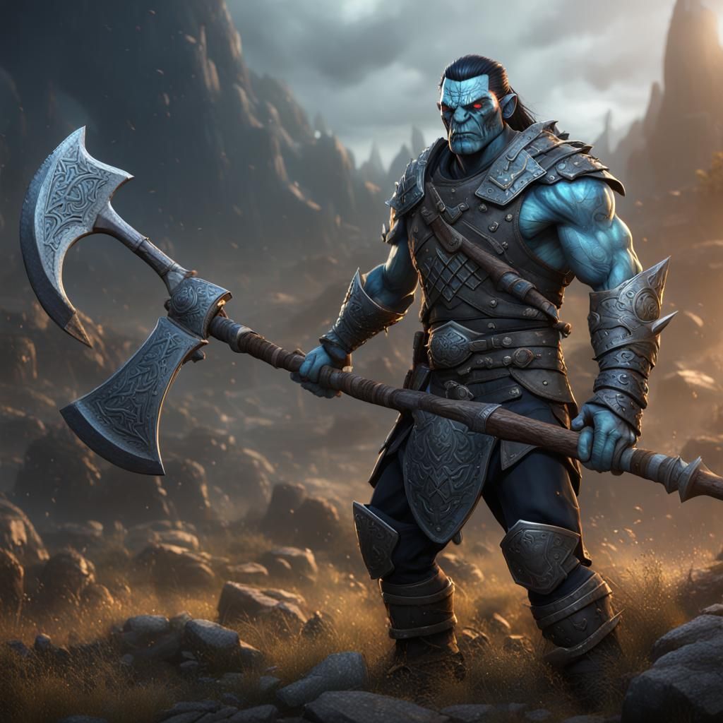 soldier half orc with blueish grey skin and black hair holdi...